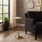 Elegante tavolino, tavolino da appoggio o comodino piccolo per l'arredamento della stanza - Tavolino da bevande sottile in metallo con piano in marmo e base a tromba