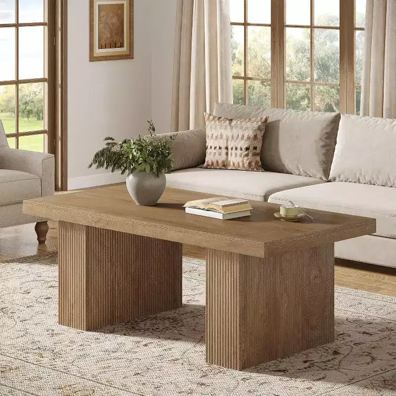 Tavolino da caffè Lantine in stile rustico, tavolino centrale rettangolare da 120 cm con base spessa per soggiorno, appartamento, aree di ricevimento