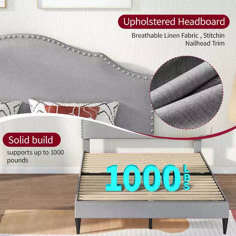 BestMassage Telaio Letto Imbottito con Testiera in Tessuto Base per Materasso Nessuna Rete a Molle Necessaria