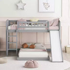 Letto a castello a pavimento con scivolo e scale, letto a castello basso singolo su singolo con contenitore, letto a castello in legno singolo per bambini e neonati