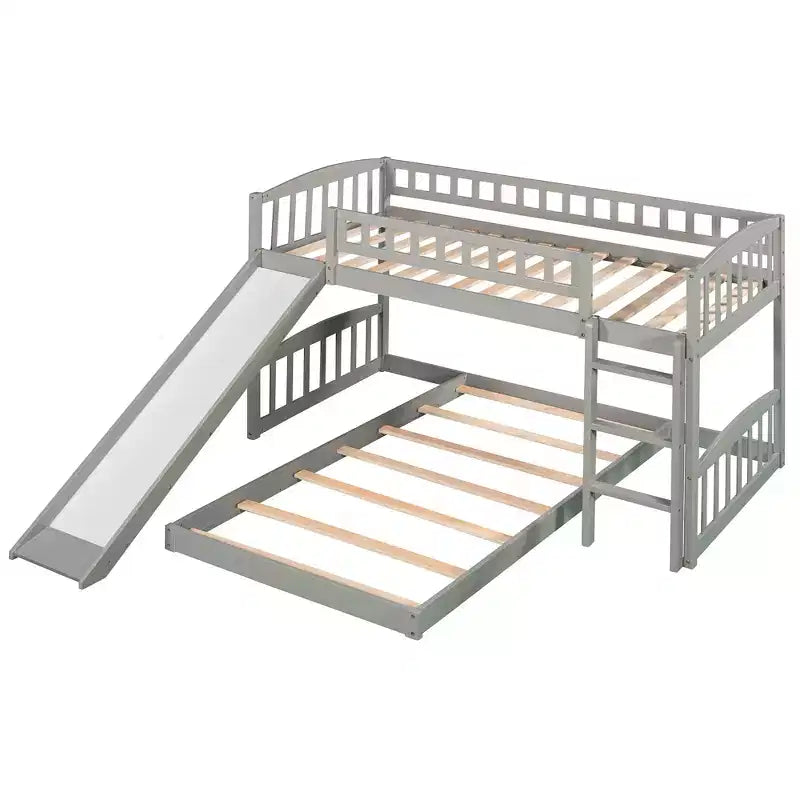 Letto a castello a pavimento con scivolo e scale, letto a castello basso singolo su singolo con contenitore, letto a castello in legno singolo per bambini e neonati