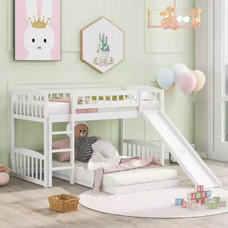 Letto a castello a pavimento con scivolo e scale, letto a castello basso singolo su singolo con contenitore, letto a castello in legno singolo per bambini e neonati