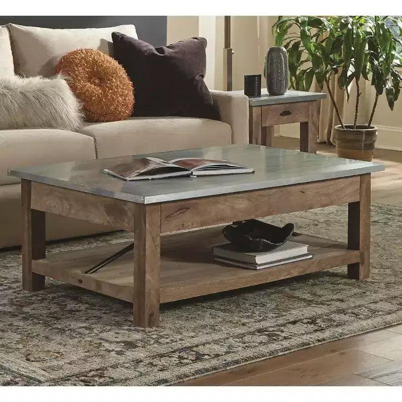 Tavolino da caffè Millwork da 48 pollici con ripiano inferiore, stile industriale moderno con ripiano in metallo color zinco e dettagli in legno
