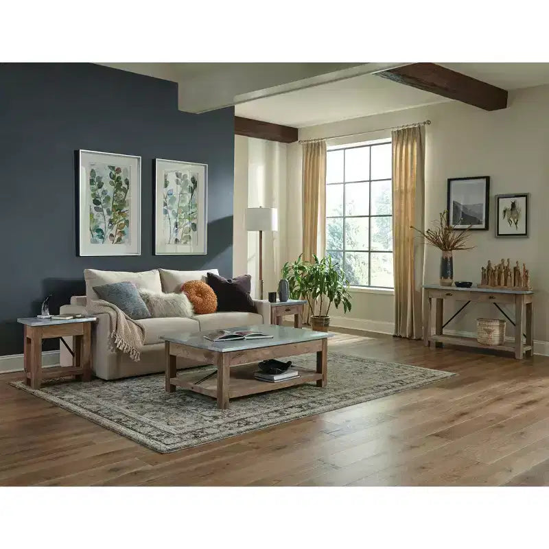 Tavolino da caffè Millwork da 48 pollici con ripiano inferiore, stile industriale moderno con ripiano in metallo color zinco e dettagli in legno