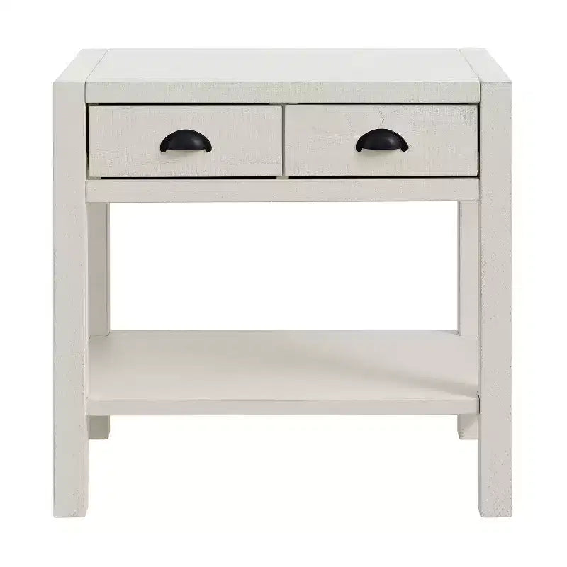 Comodino Alaterre Furniture Arden a 2 cassetti con ripiano aperto, legno massello di pino, finitura bianco effetto legno invecchiato, guide per cassetti in metallo, ideale per la camera da letto