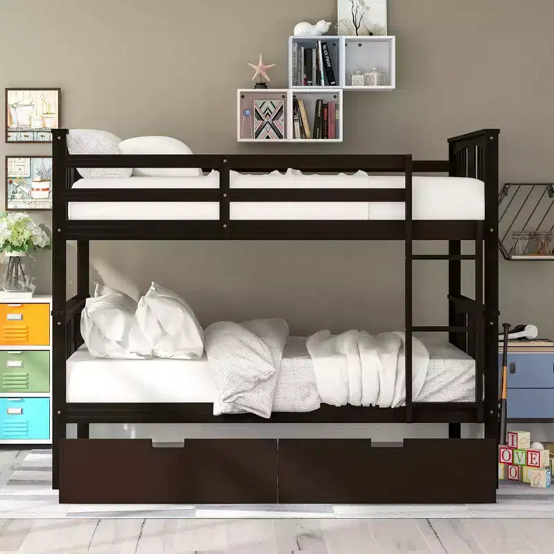 Letto a Castello Completo su Completo con Cassetti, Struttura per Letto a Castello in Legno di Dimensione Completa per Bambini Adolescenti Adulti, Convertibile in 2 Letti