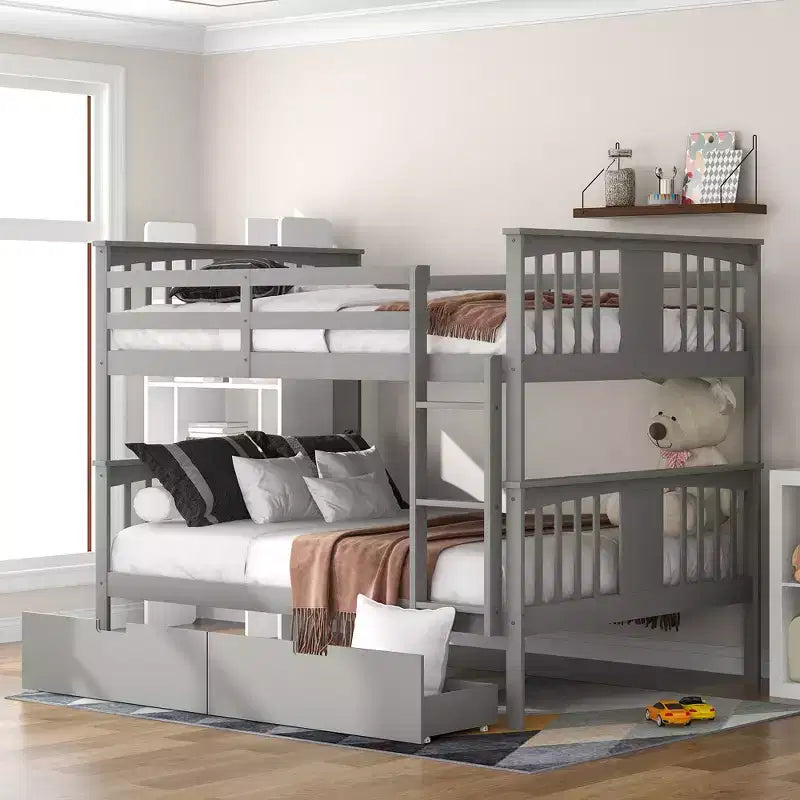 Letto a Castello Completo su Completo con Cassetti, Struttura per Letto a Castello in Legno di Dimensione Completa per Bambini Adolescenti Adulti, Convertibile in 2 Letti