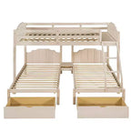 Letto a castello triplo in legno Full over Twin & Twin con cassetti e sponde di sicurezza, per 3 bambini, per camera da letto, beige