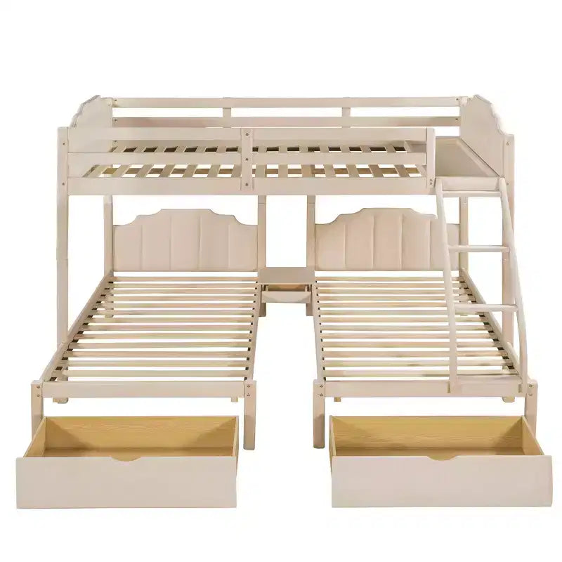 Letto a castello triplo in legno Full over Twin & Twin con cassetti e sponde di sicurezza, per 3 bambini, per camera da letto, beige