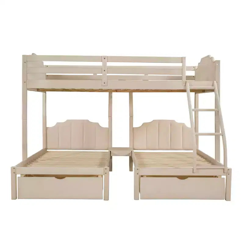 Letto a castello triplo in legno Full over Twin & Twin con cassetti e sponde di sicurezza, per 3 bambini, per camera da letto, beige