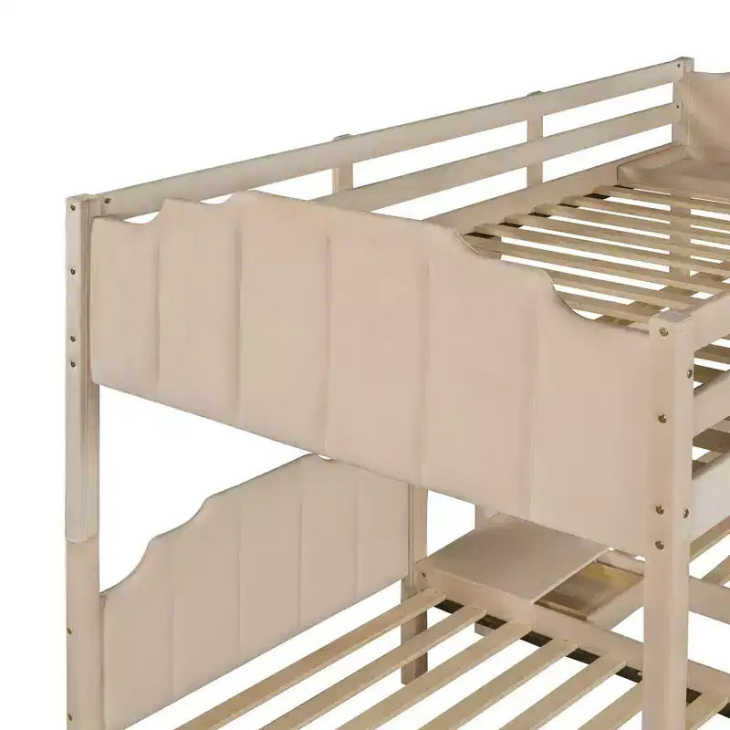Letto a castello triplo in legno Full over Twin & Twin con cassetti e sponde di sicurezza, per 3 bambini, per camera da letto, beige