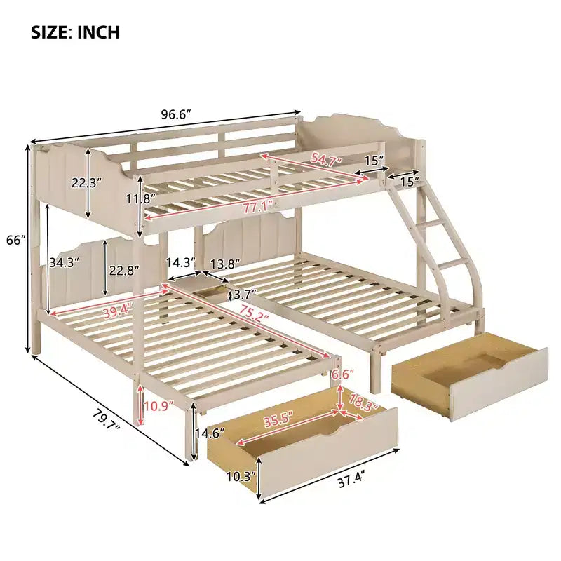 Letto a castello triplo in legno Full over Twin & Twin con cassetti e sponde di sicurezza, per 3 bambini, per camera da letto, beige