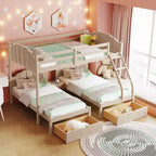 Letto a castello triplo in legno Full over Twin & Twin con cassetti e sponde di sicurezza, per 3 bambini, per camera da letto, beige