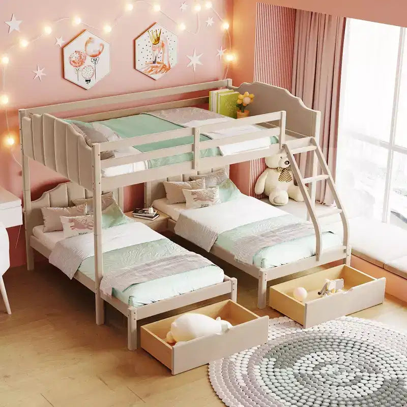 Letto a castello triplo in legno Full over Twin & Twin con cassetti e sponde di sicurezza, per 3 bambini, per camera da letto, beige