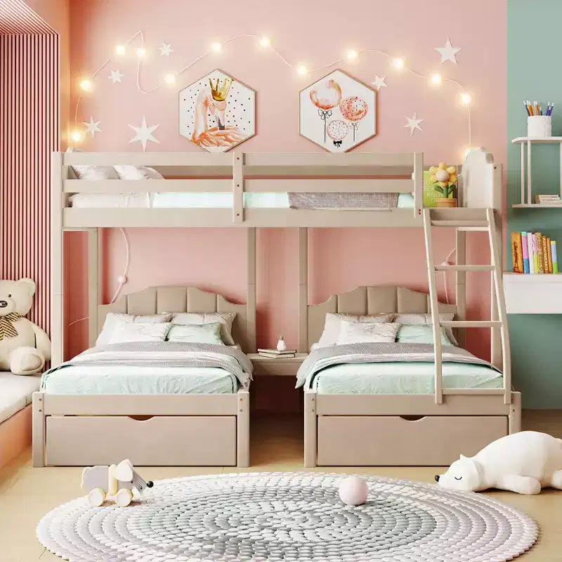 Letto a castello triplo in legno Full over Twin & Twin con cassetti e sponde di sicurezza, per 3 bambini, per camera da letto, beige