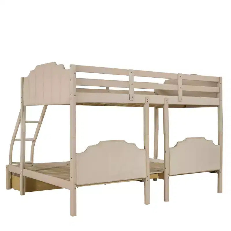 Letto a castello triplo in legno Full over Twin & Twin con cassetti e sponde di sicurezza, per 3 bambini, per camera da letto, beige