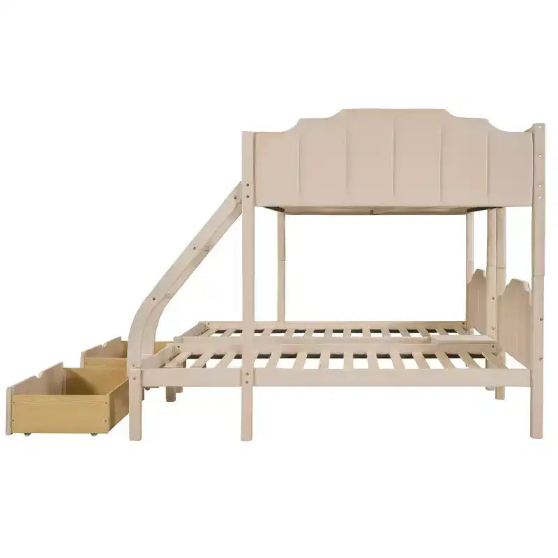 Letto a castello triplo in legno Full over Twin & Twin con cassetti e sponde di sicurezza, per 3 bambini, per camera da letto, beige