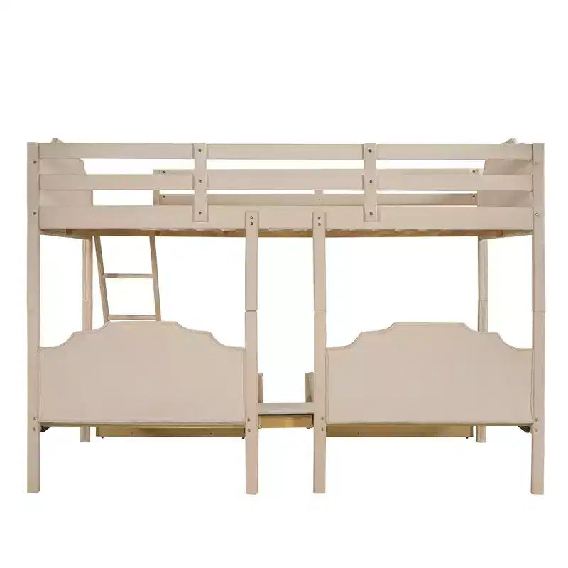 Letto a castello triplo in legno Full over Twin & Twin con cassetti e sponde di sicurezza, per 3 bambini, per camera da letto, beige