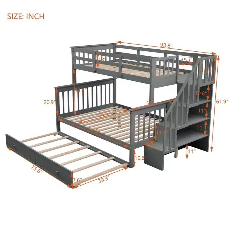 Letto a Castello per Bambini, con Materasso da Una Piazza e Mezza e da Una Piazza, con Scaletta Contenitore e Sponda di Sicurezza