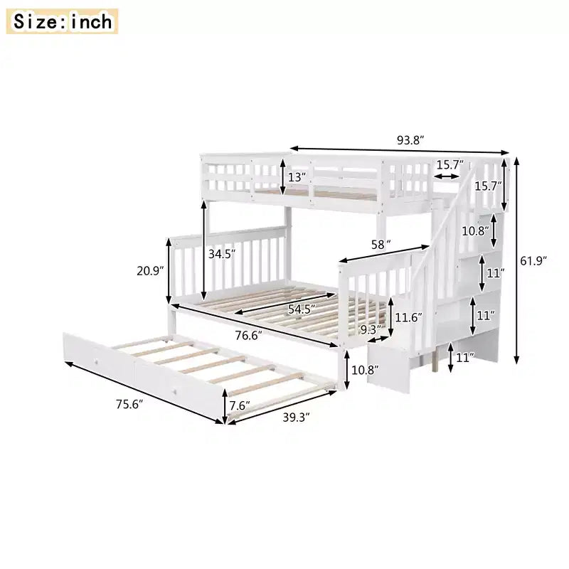 Letto a Castello per Bambini, con Materasso da Una Piazza e Mezza e da Una Piazza, con Scaletta Contenitore e Sponda di Sicurezza