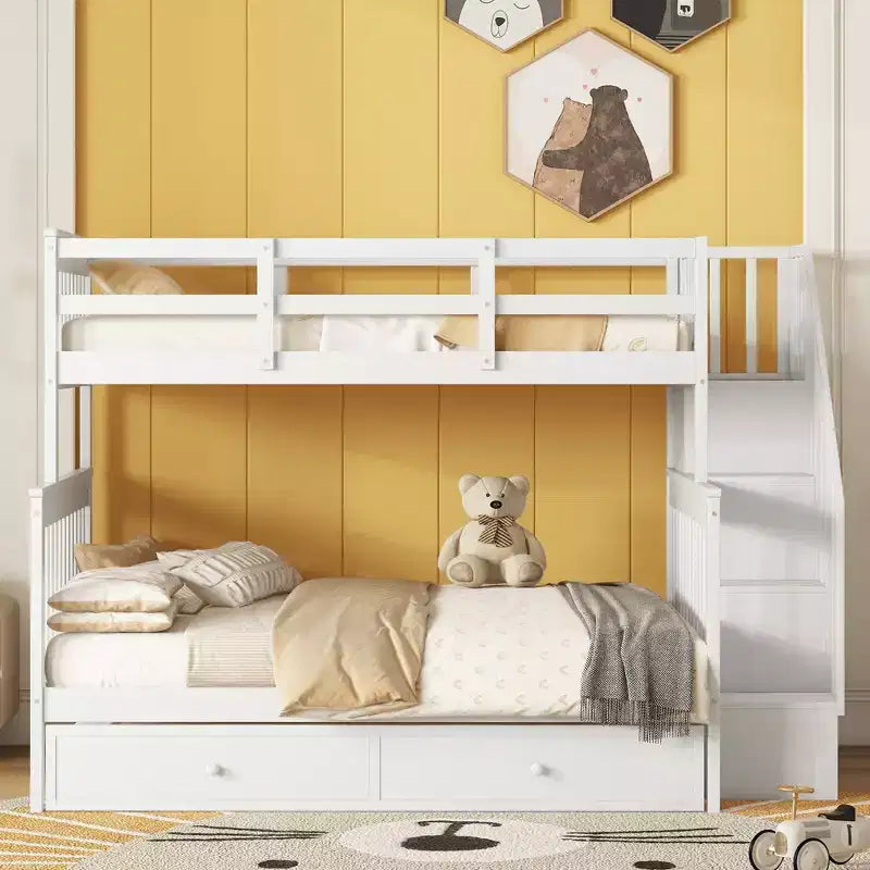 Letto a Castello per Bambini, con Materasso da Una Piazza e Mezza e da Una Piazza, con Scaletta Contenitore e Sponda di Sicurezza