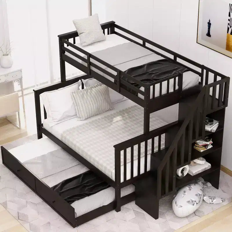 Letto a Castello per Bambini, con Materasso da Una Piazza e Mezza e da Una Piazza, con Scaletta Contenitore e Sponda di Sicurezza