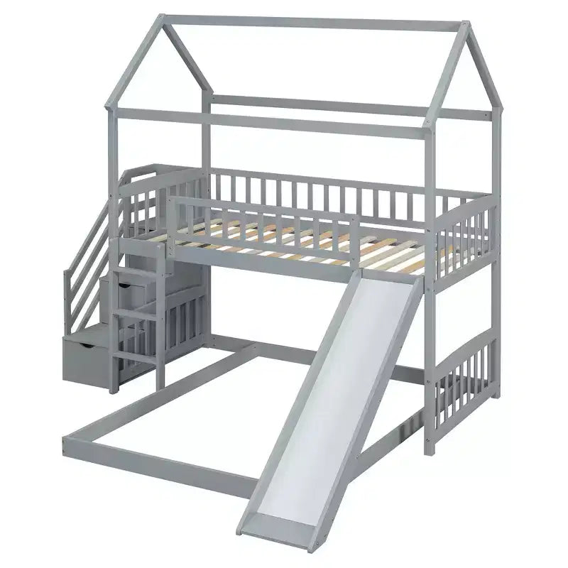 Letto a castello a casetta "Twin over Full" con scivolo e scalini per bambini e ragazzi, struttura in legno con ringhiera di protezione e contenitore