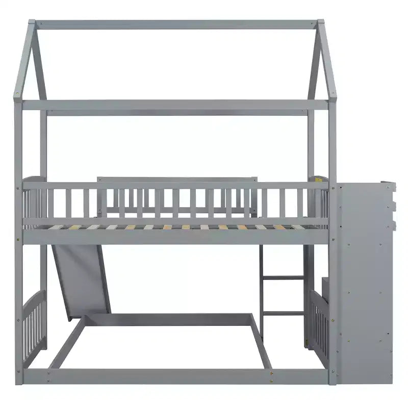 Letto a castello a casetta "Twin over Full" con scivolo e scalini per bambini e ragazzi, struttura in legno con ringhiera di protezione e contenitore