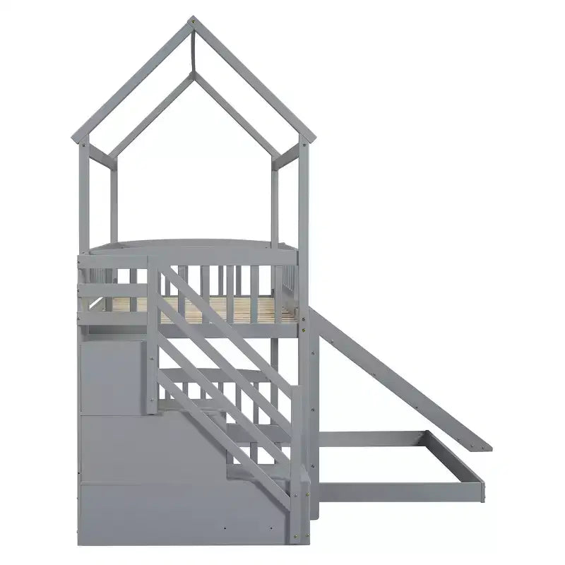 Letto a castello a casetta "Twin over Full" con scivolo e scalini per bambini e ragazzi, struttura in legno con ringhiera di protezione e contenitore