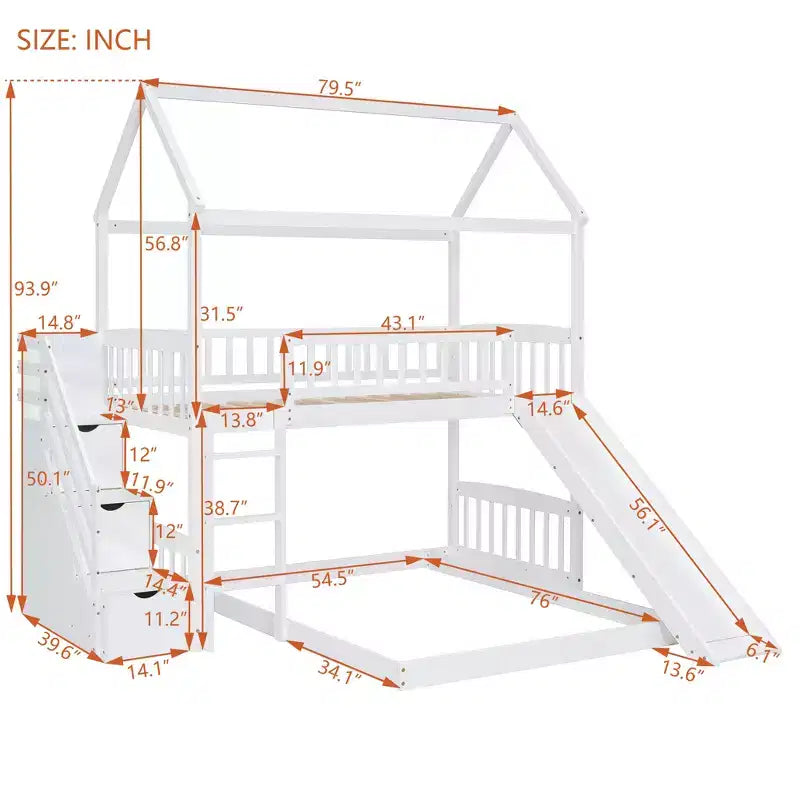Letto a castello a casetta "Twin over Full" con scivolo e scalini per bambini e ragazzi, struttura in legno con ringhiera di protezione e contenitore