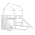 Letto a castello a casetta "Twin over Full" con scivolo e scalini per bambini e ragazzi, struttura in legno con ringhiera di protezione e contenitore