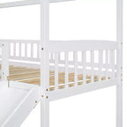 Letto a castello a casetta "Twin over Full" con scivolo e scalini per bambini e ragazzi, struttura in legno con ringhiera di protezione e contenitore
