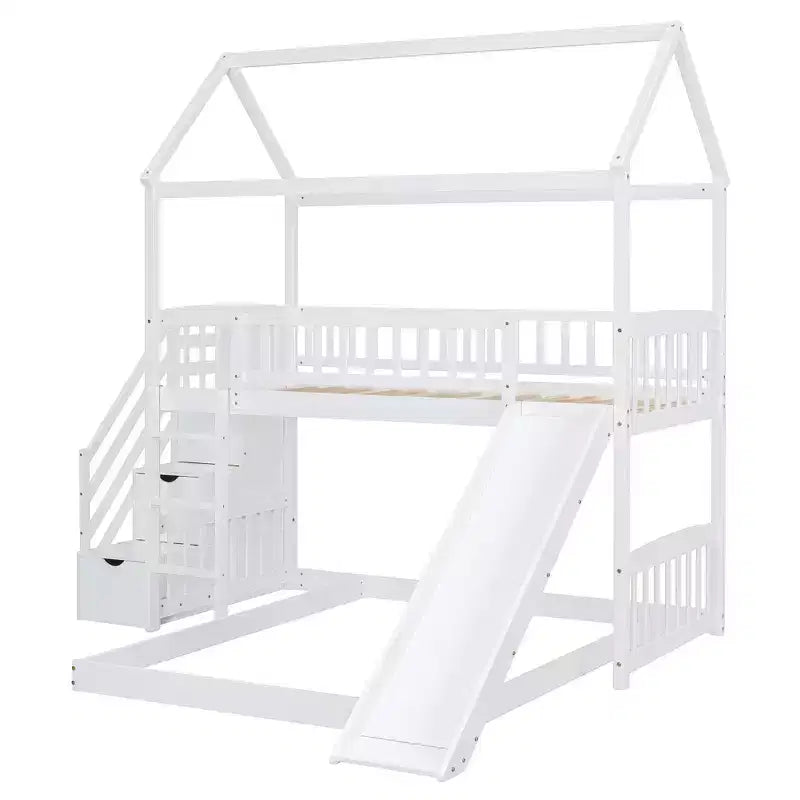 Letto a castello a casetta "Twin over Full" con scivolo e scalini per bambini e ragazzi, struttura in legno con ringhiera di protezione e contenitore