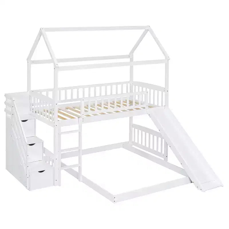 Letto a castello a casetta "Twin over Full" con scivolo e scalini per bambini e ragazzi, struttura in legno con ringhiera di protezione e contenitore