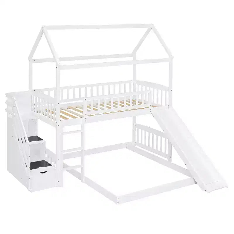 Letto a castello a casetta "Twin over Full" con scivolo e scalini per bambini e ragazzi, struttura in legno con ringhiera di protezione e contenitore
