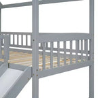 Letto a castello a casetta "Twin over Full" con scivolo e scalini per bambini e ragazzi, struttura in legno con ringhiera di protezione e contenitore