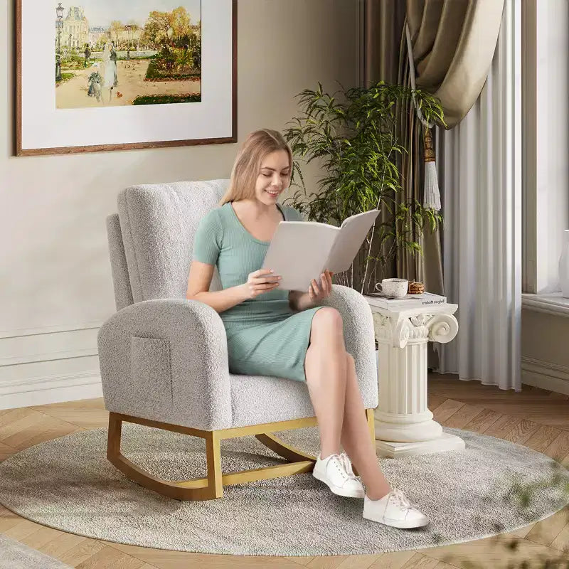CuisinSmart Sedia a Dondolo per Asilo Nido, Rivestimento Comodo in Lana d'Agnello, Moderna Sedia a Dondolo con Tasche Laterali per Soggiorno Camera da Leto