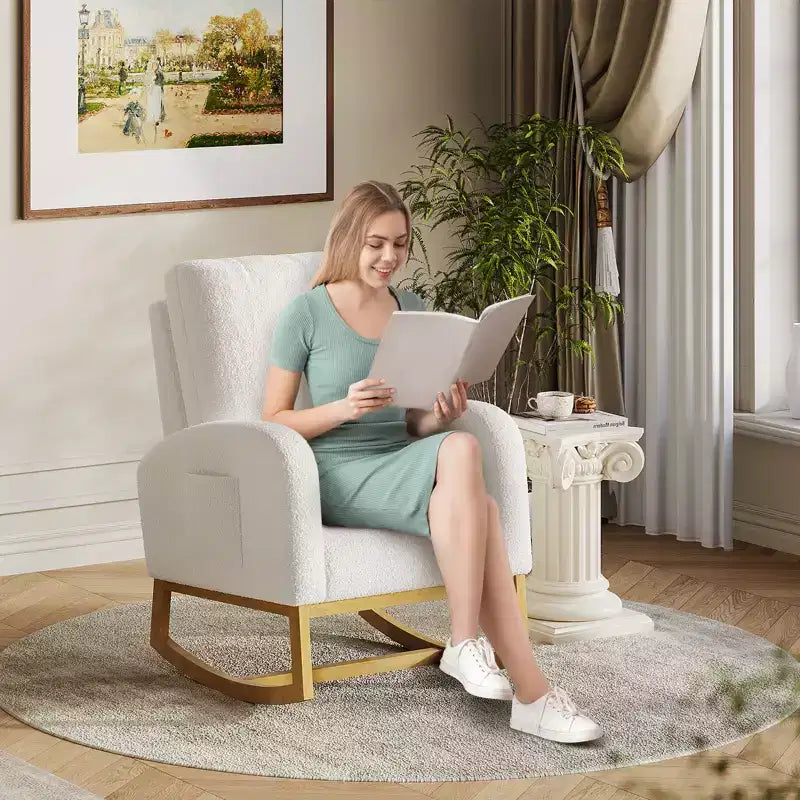 CuisinSmart Sedia a Dondolo per Asilo Nido, Rivestimento Comodo in Lana d'Agnello, Moderna Sedia a Dondolo con Tasche Laterali per Soggiorno Camera da Leto