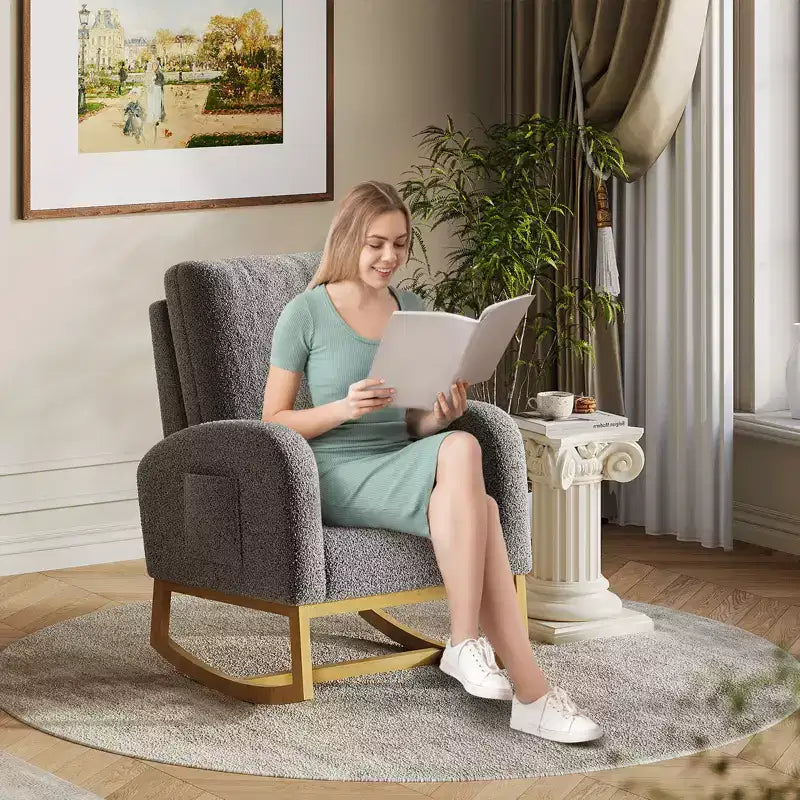 CuisinSmart Sedia a Dondolo per Asilo Nido, Rivestimento Comodo in Lana d'Agnello, Moderna Sedia a Dondolo con Tasche Laterali per Soggiorno Camera da Leto