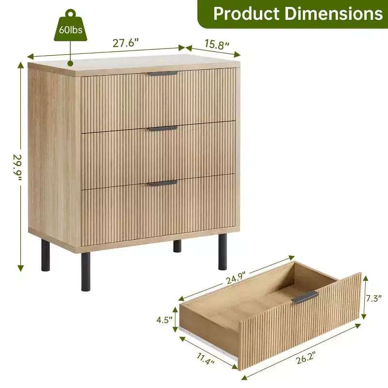 COZONY Cassettiera Alta a 3 Cassetti Scanalata a Onda, Mobile Contenitore Alto in Legno con Gambe in Metallo, Cassettiera da Camera da Letto con Dispositivo Antiribaltamento, 2 pezzi con spedizione in 2 scatole