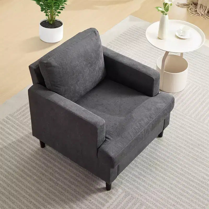 Poltrona moderna in lino per soggiorno, poltrona singola con gambe in legno e cuscino, poltrona laterale in tessuto per soggiorno