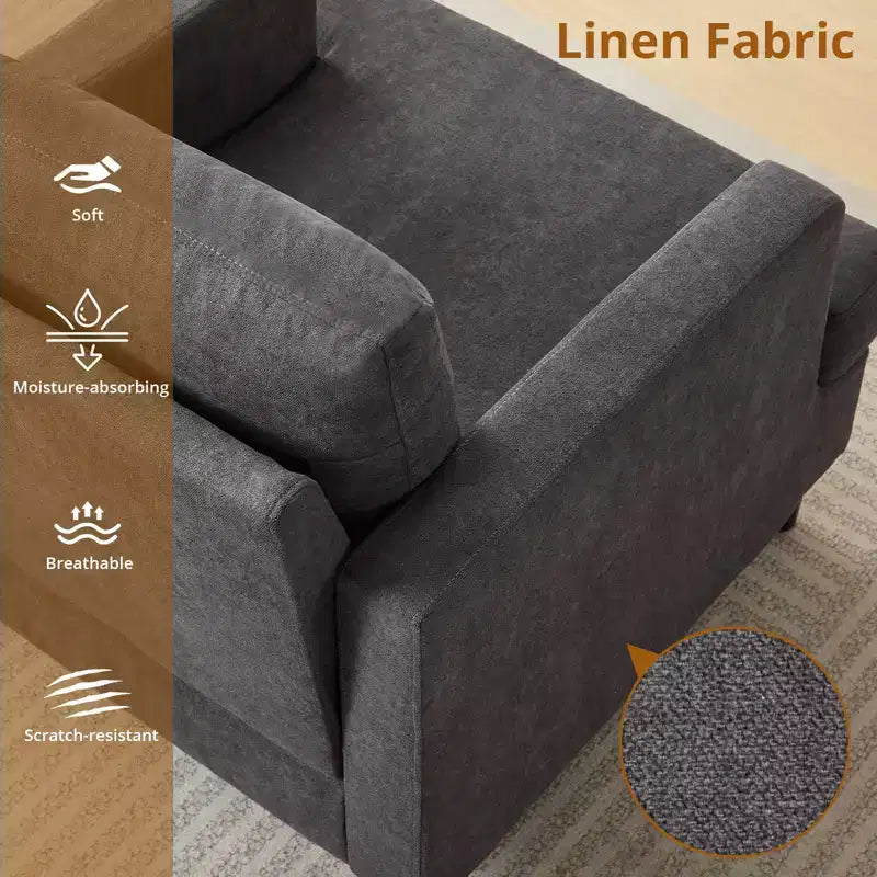 Poltrona moderna in lino per soggiorno, poltrona singola con gambe in legno e cuscino, poltrona laterale in tessuto per soggiorno