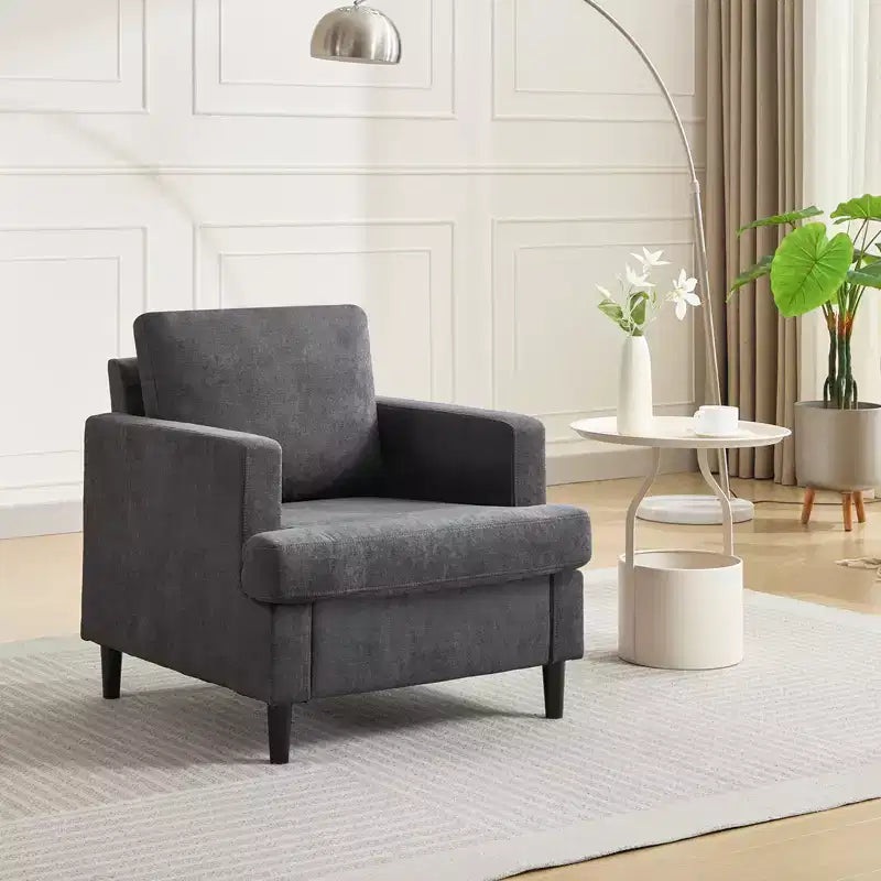 Modern linen chair for living room single sofa chair with wooden legs and pillow, fabric living room side chair
