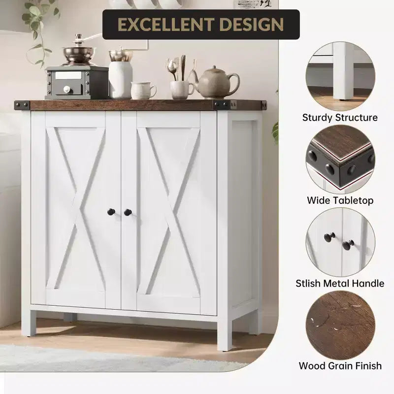 Madia da Fattoria con Ripiani, Mobile da Cucina con Ripiani Regolabili e 2 Ante a Scomparsa, Credenza Moderna in Legno per Sala da Pranzo