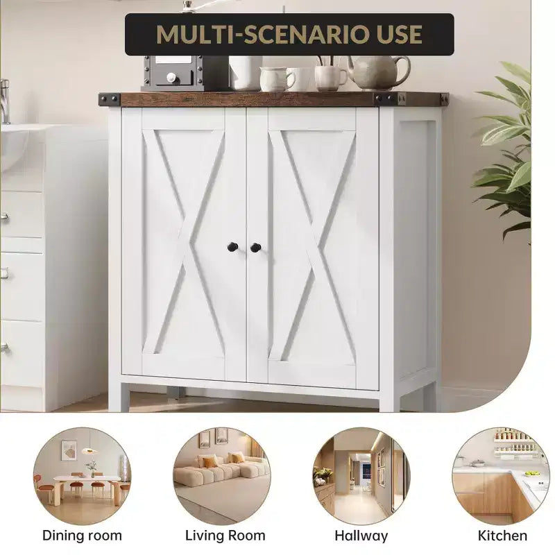 Madia da Fattoria con Ripiani, Mobile da Cucina con Ripiani Regolabili e 2 Ante a Scomparsa, Credenza Moderna in Legno per Sala da Pranzo