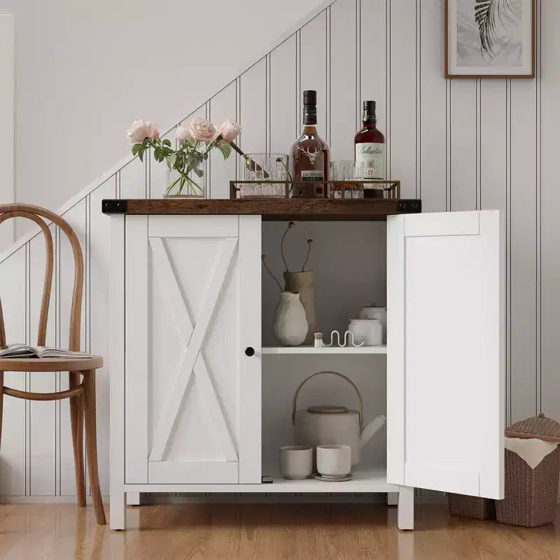 Madia da Fattoria con Ripiani, Mobile da Cucina con Ripiani Regolabili e 2 Ante a Scomparsa, Credenza Moderna in Legno per Sala da Pranzo