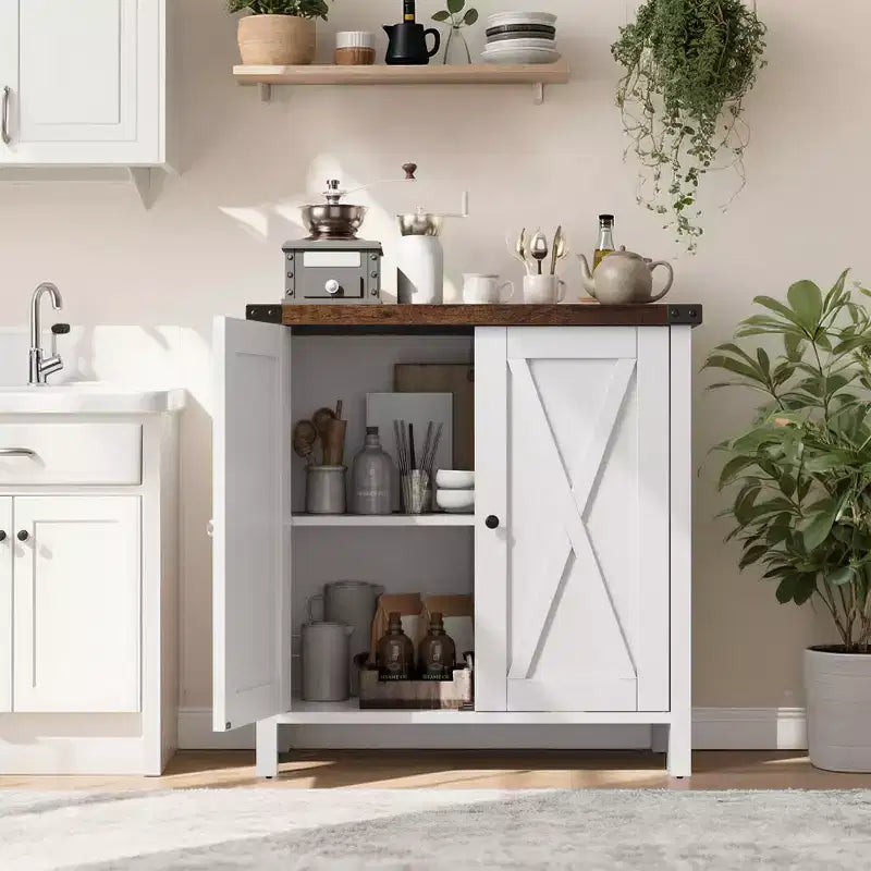 Madia da Fattoria con Ripiani, Mobile da Cucina con Ripiani Regolabili e 2 Ante a Scomparsa, Credenza Moderna in Legno per Sala da Pranzo
