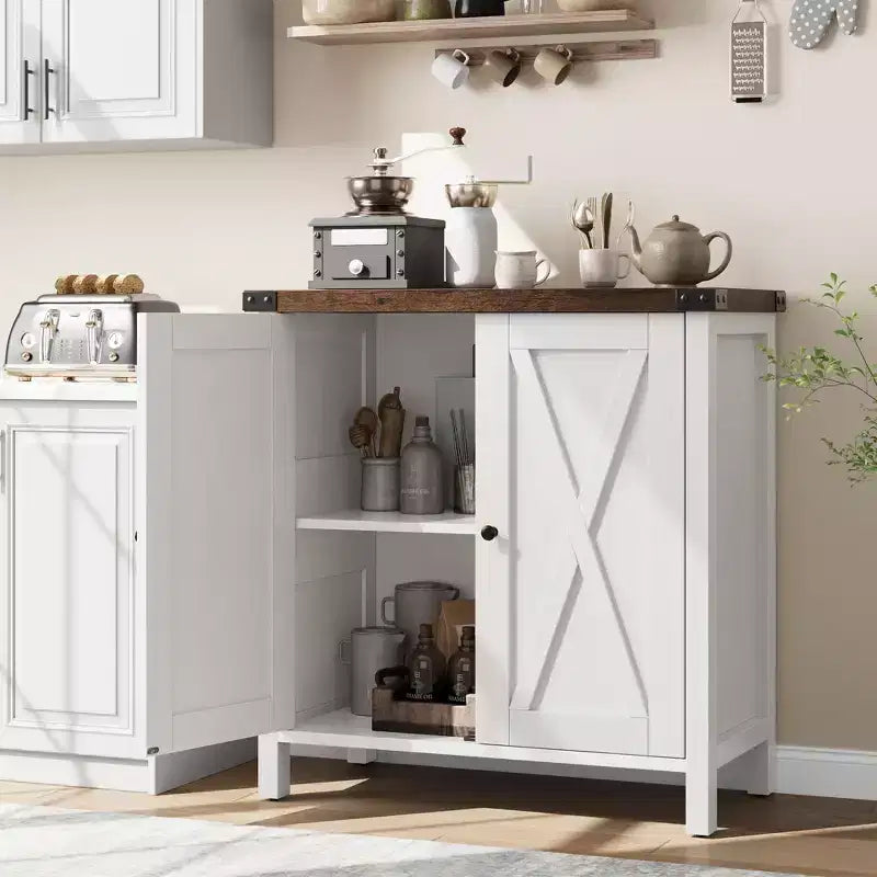 Madia da Fattoria con Ripiani, Mobile da Cucina con Ripiani Regolabili e 2 Ante a Scomparsa, Credenza Moderna in Legno per Sala da Pranzo