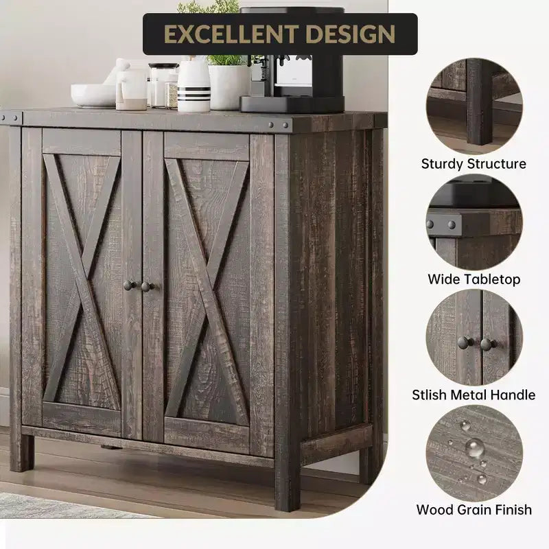 Madia da Fattoria con Ripiani, Mobile da Cucina con Ripiani Regolabili e 2 Ante a Scomparsa, Credenza Moderna in Legno per Sala da Pranzo