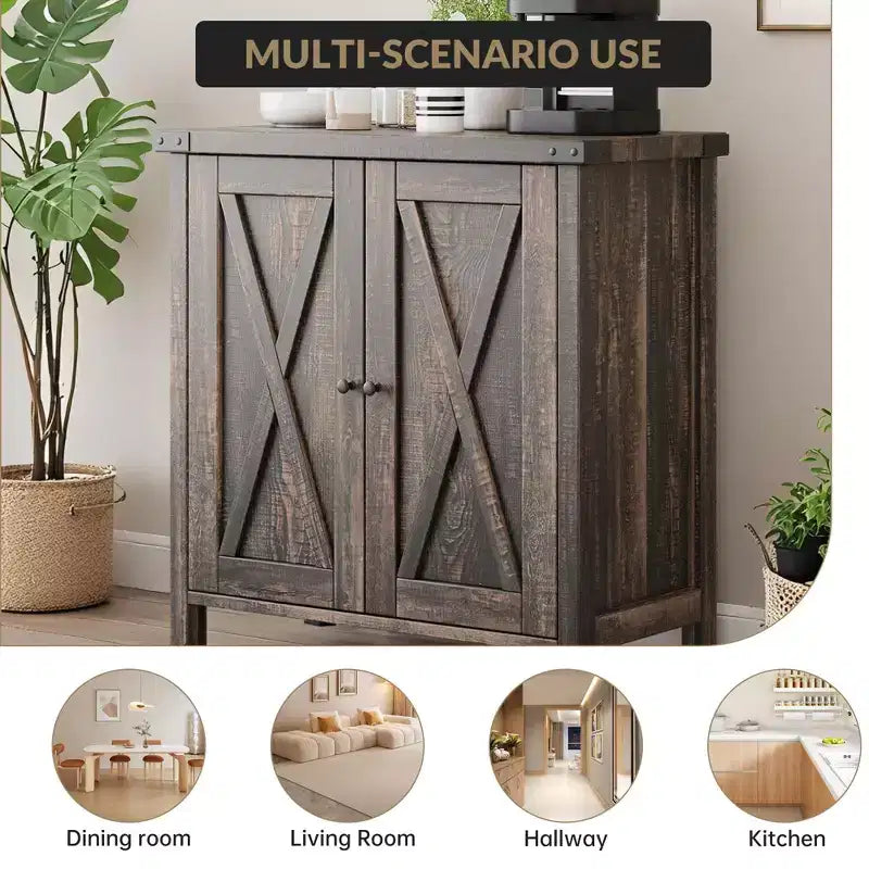 Madia da Fattoria con Ripiani, Mobile da Cucina con Ripiani Regolabili e 2 Ante a Scomparsa, Credenza Moderna in Legno per Sala da Pranzo
